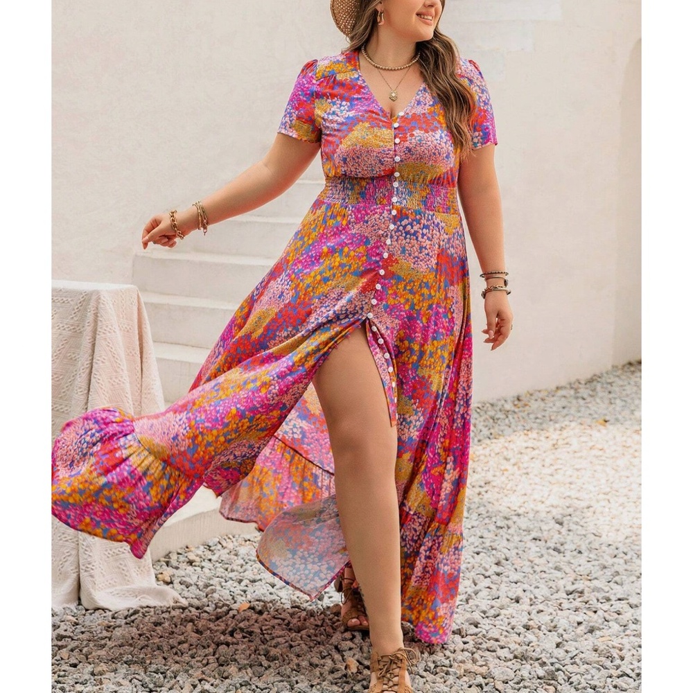 Plus Boho Floral Print Button Down Ruffle Hem Maxi Dress